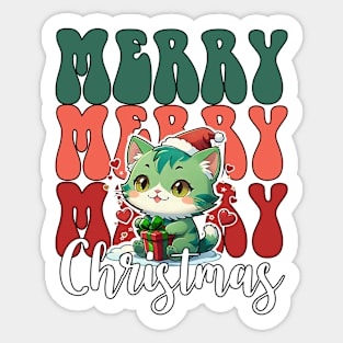 Retro Merry merry merry Christmas, green Christmas cat Sticker